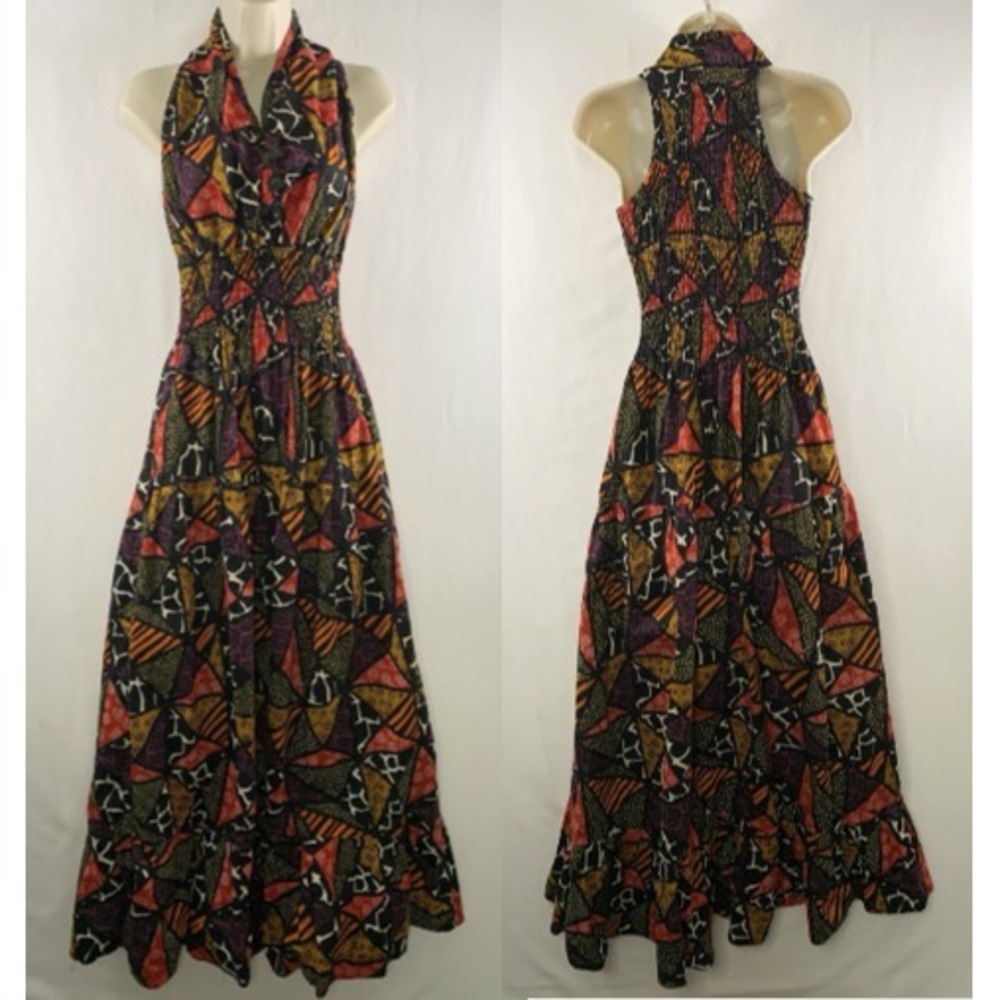 Batik Patchwork Halter Statement Maxi Dress OS Maximalist Resort Artsy Eclectic